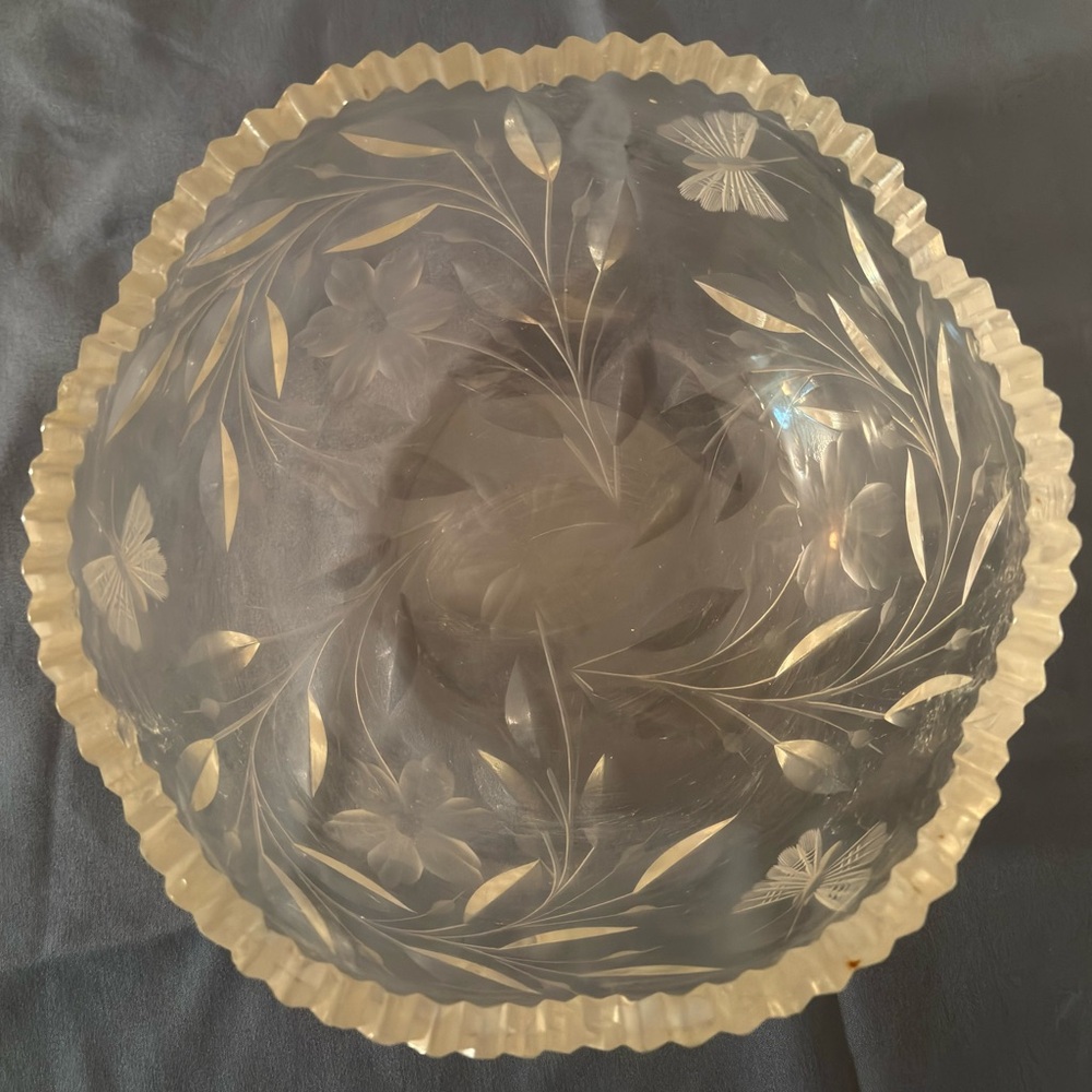 Etched Glass Bowl with Floral and Butterfly Design